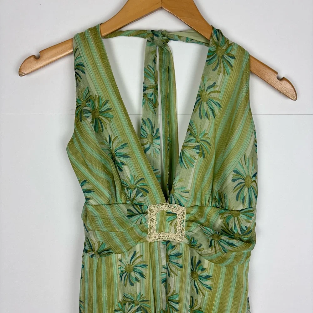 A.P.N.Y Halter Midi Dress Size 10 Green Floral Gold Metallic Fairy Y2K - Picture 3 of 7
